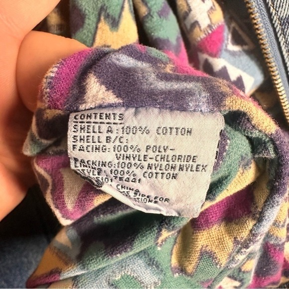 Vintage 90 Western Aztec Lined Denim Coat Women 2X Heavyweight Barn Chore Jacket - Picture 11 of 16